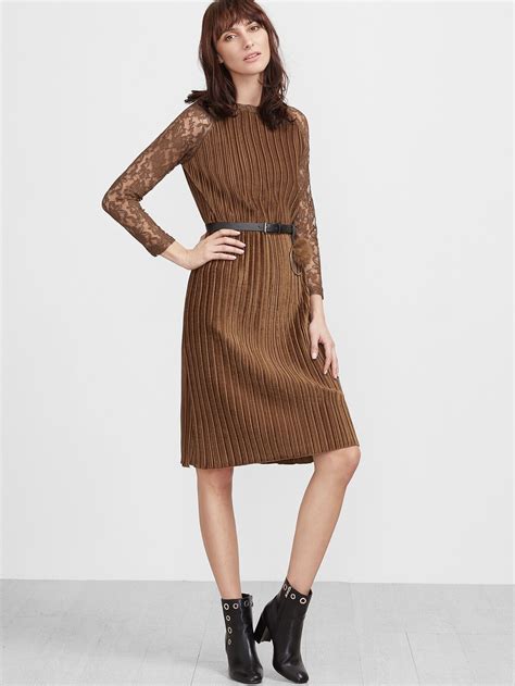 Contrast Lace Raglan Sleeve Pleated Dress With Belt Shein Sheinside