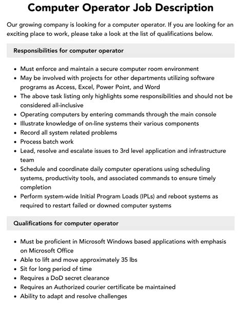 Computer Operator Job Description Velvet Jobs