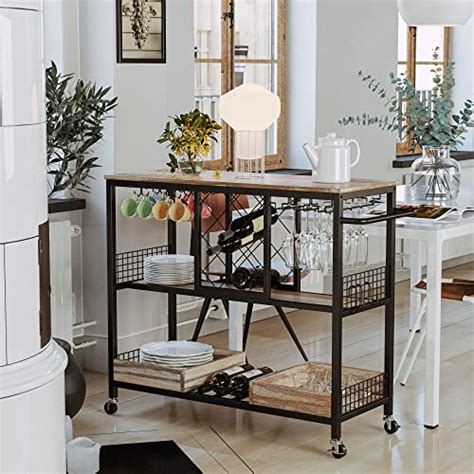 Ironck Wine Rack Table Industrial Bar Cart On Wheels Kitchen Storage Cart For The Home Wood And