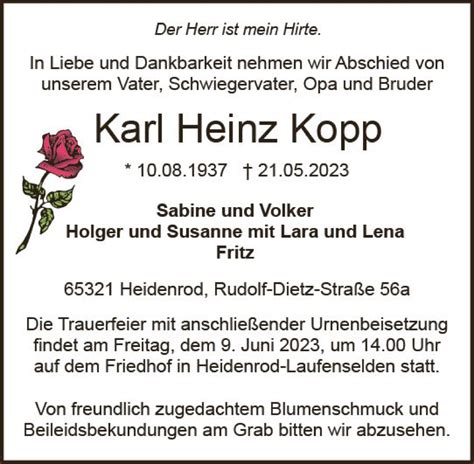 Traueranzeigen Von Karl Heinz Kopp Vrm Trauer De