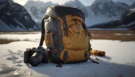 Premium Photo | A yellow backpack with a camera on it sits in the snow.