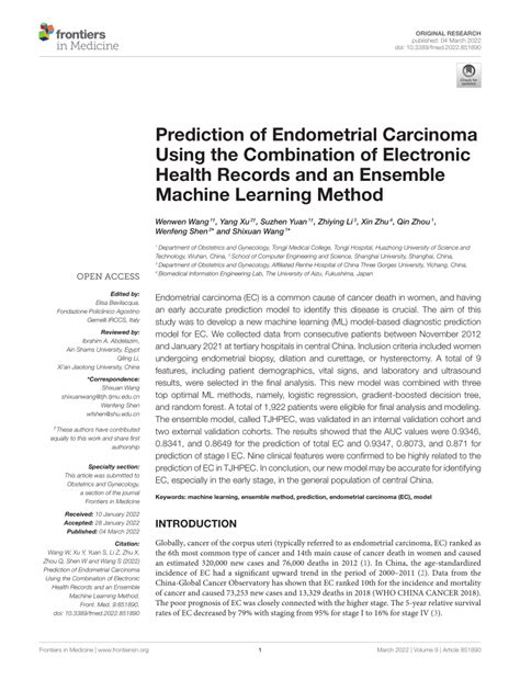 Pdf Prediction Of Endometrial Carcinoma Using The Combination Of Electronic Health Records And