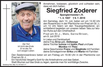 Traueranzeigen Von Siegfried Zoderer Trauer Bz