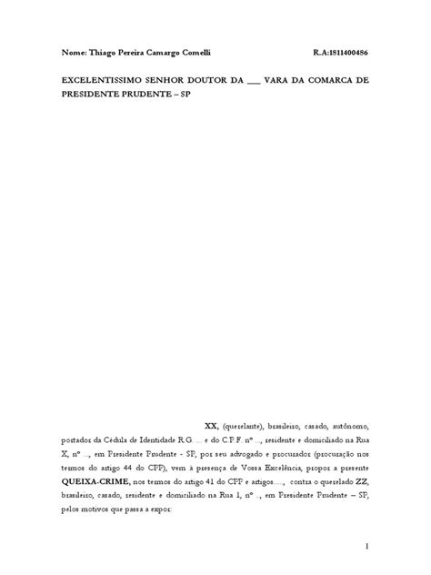 Queixa Crime Por Calúnia Contra Thiago Pereira Camargo Comelli Ra