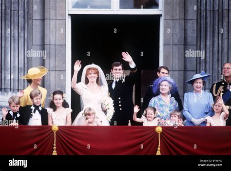 Royal Family on the balcony at Buckingham Palace after the wedding of Prince Andrew and Sarah ...