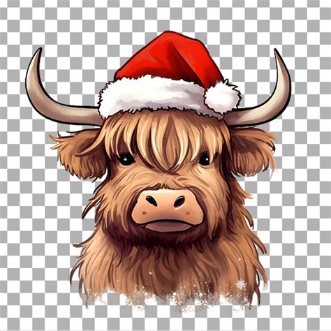 Premium Psd Cute Highland Cow With Christmas Santa Claus Hat