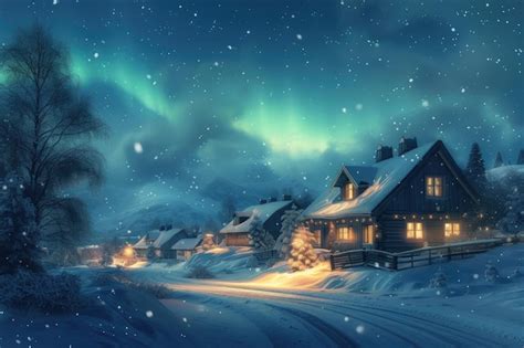 Premium Photo Winter Cabins Under Magical Northern Lights Resplendent