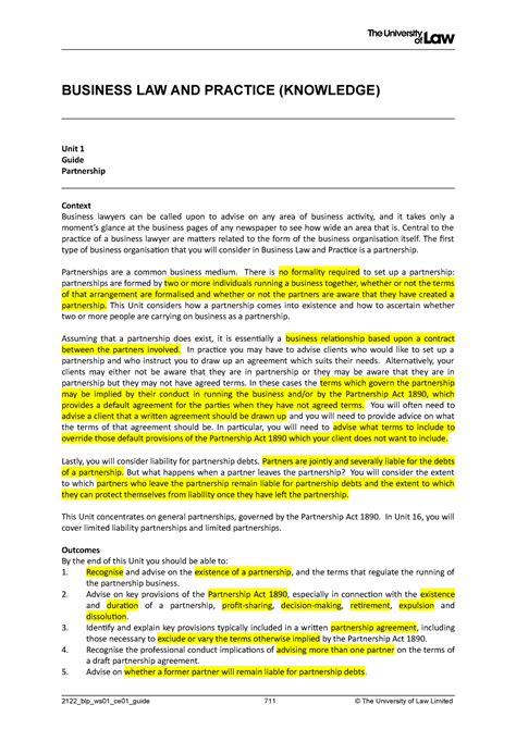 Partnership BLP WS1 BUSINESS LAW AND PRACTICE KNOWLEDGE Unit 1