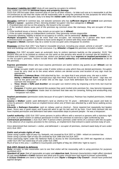 Occupiers Liability Tort Revision Notes Occupiers Liability Act