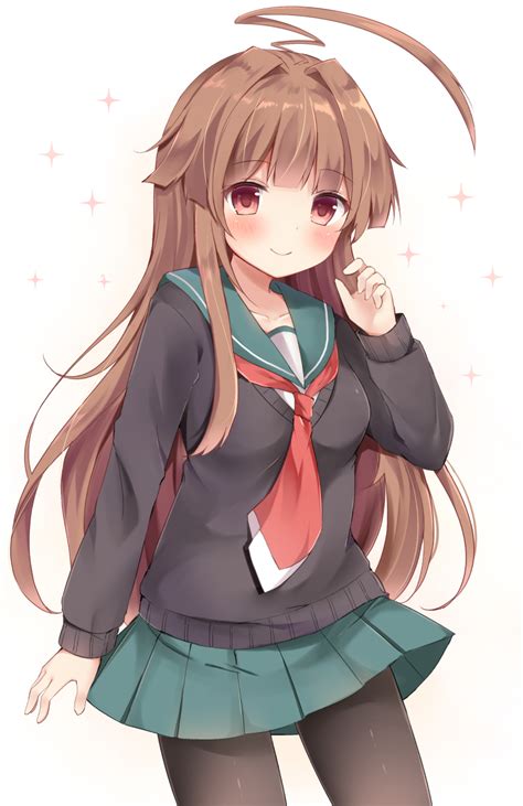 Safebooru 1girl Ahoge Bangs Black Legwear Blunt Bangs Blush Brown Eyes Brown Hair Cardigan