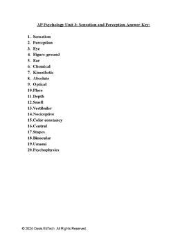 AP Psychology Unit 3 Sensation And Perception Quiz Worksheet By Oasis