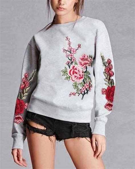 Crew Neck Floral Print Long Sleeve Sweatshirt Gray M Embroidered Sweatshirts Embroidery