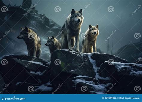 Wolf Pack on a Rock at Night. Amazing Wildlife Stock Illustration ...