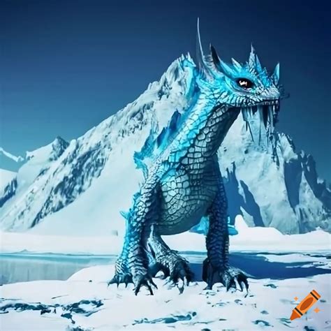 Giant Ice Dragon Looking At Small Soldier In Open Field Of Ice With Few