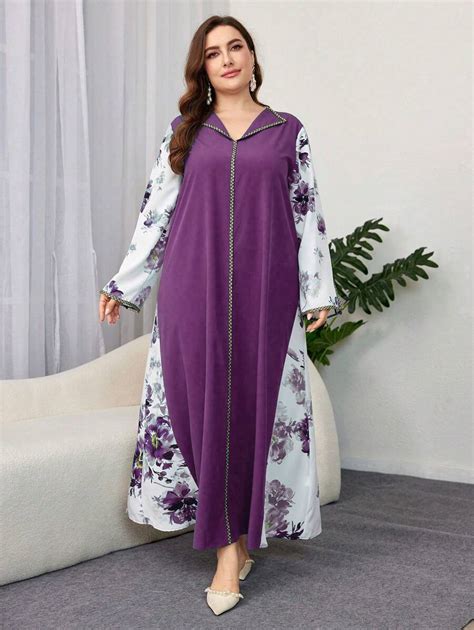 Shein Najma Plus Size Floral Printed Long Sleeve Arabian Maxi Dress