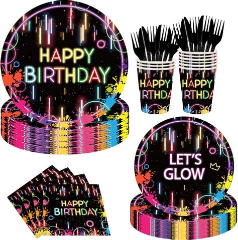 144pcs Glow Birthday Party Supplies Serve 24 Neon Glow Party Supplies Glow Party