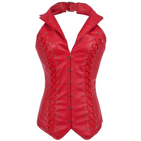 Steel Boned Corsets And Bustiers Red Leather Corset Bustier Halter Neck Gothic Slimming Sexy