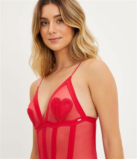 Body De Al A Em Tule Detalhes Em Renda E Blocos Transparentes Vermelho