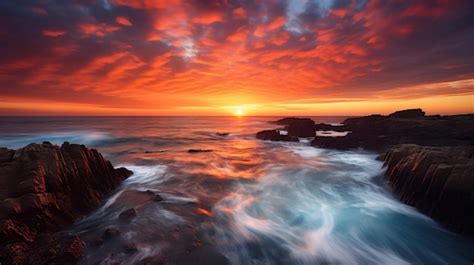 Premium AI Image | a sunset over the ocean with waves crashing