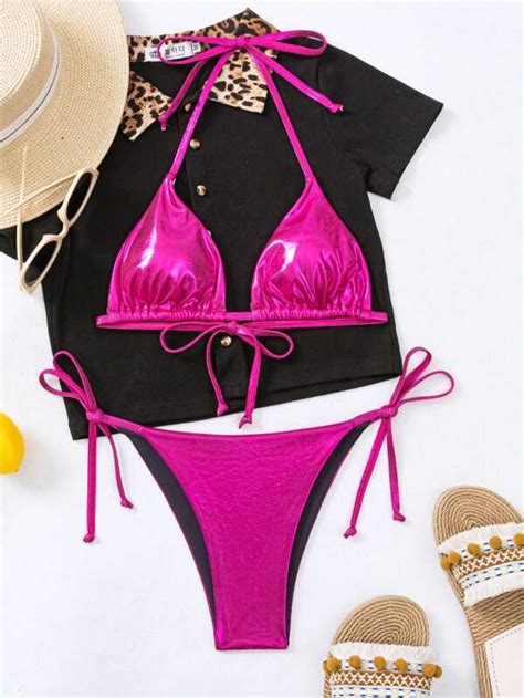 Shein Swim Y Glam Ba Ador Bikini De Color Met Lico Tri Ngulo Con Cord N