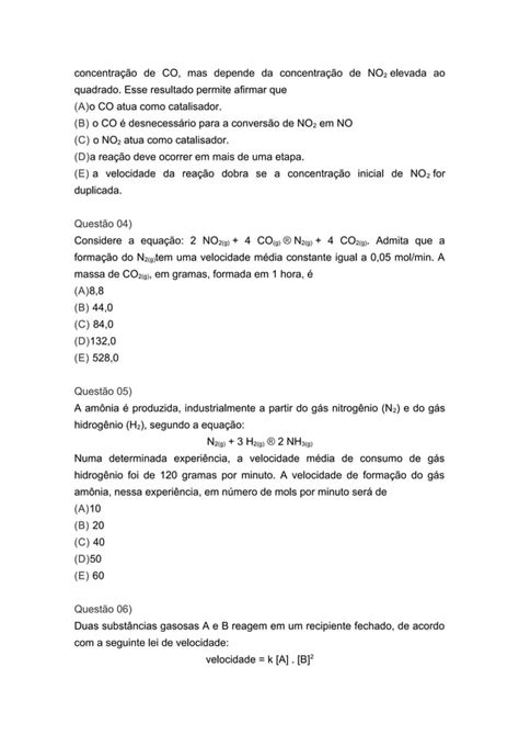 Lista De Exercícios 26 Cálculo Da Velocidade Da Reação Pdf