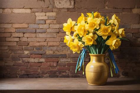 Yellow Daffodils In A Ceramic Vase Flower Arrangement Stock