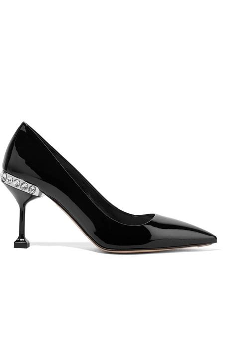 Miu Miu Crystal Embellished Patent Leather Pumps Shoes Post