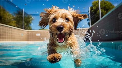 Cute Terrier Swimming In A Swimming Pool With Splashes Excited Dog In