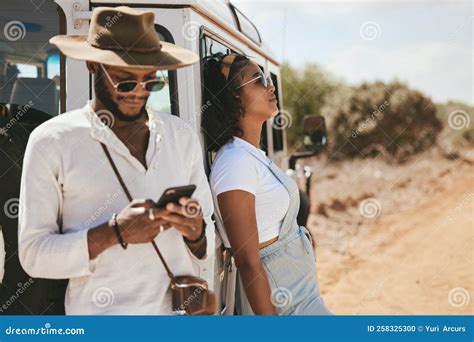 Safari Travel Fashion And African Couple With Car And Smartphone For