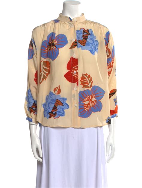 No 6 Store Floral Print Mock Neck Blouse Neutrals Tops Clothing