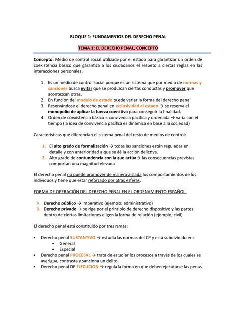 Bloque 1 Bloque 1 Fundamentos Del Derecho Penal Tema 1 El Derecho