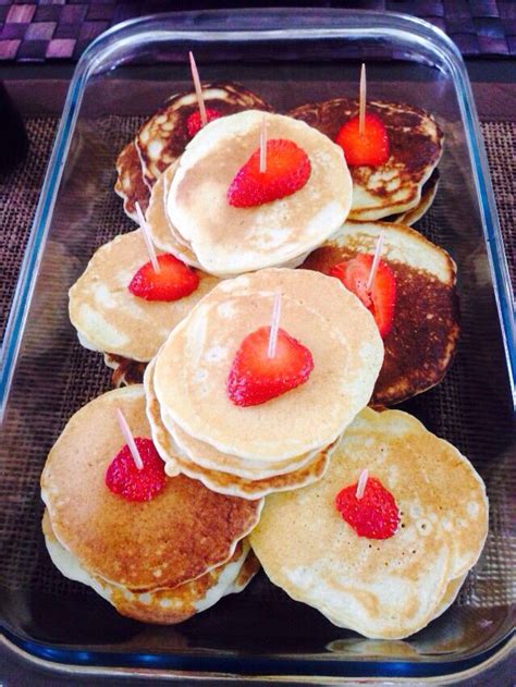 Mini Pancakes Stacks Of Three Served With Whipped Cream And Maple Syrup Mini Pancakes Food