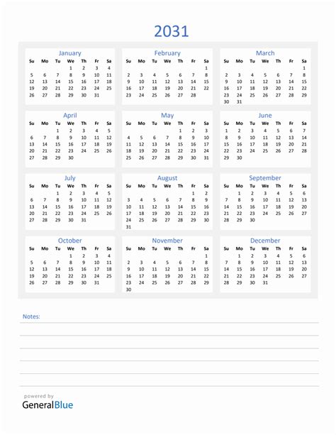 2031 Yearly Calendar Template With Notes Section