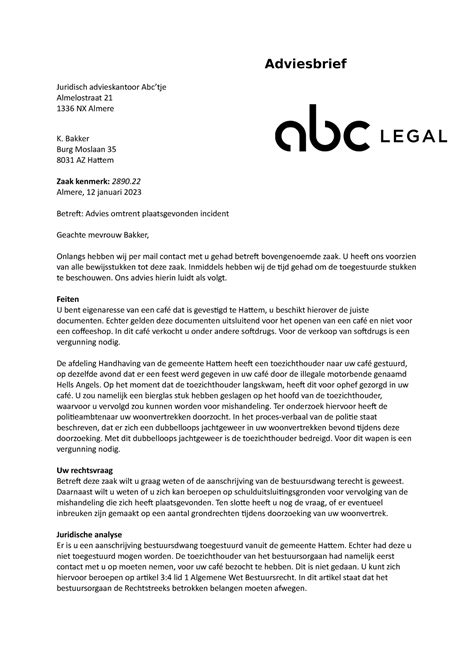 Adviesbrief Omtrent Advies Adviesbrief Juridisch Advieskantoor Abc