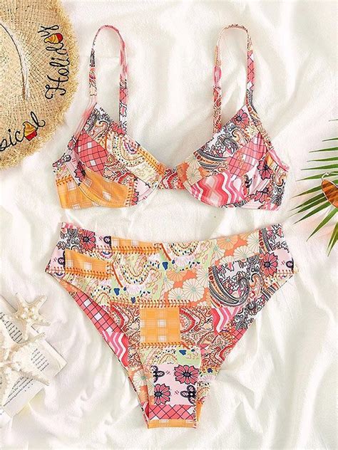 Emmiol Free Shipping Mixed Print Underwire Bikini Set Pink L In