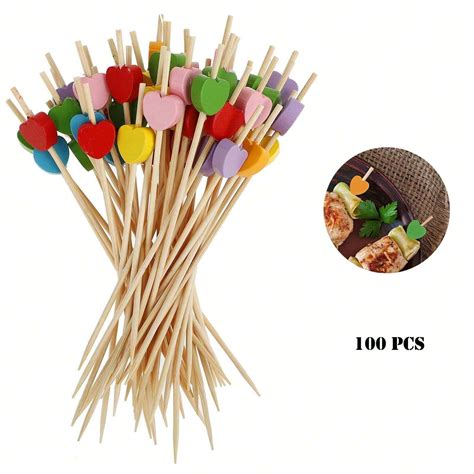 100 Pcs Disposable Bamboo Cocktail Picks 12cm Heart Shaped Cocktail