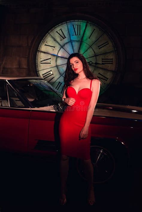 Attractive Woman in Red Dress Standing Near Retro Red Car Stock Image - Image of brunette, happy ...