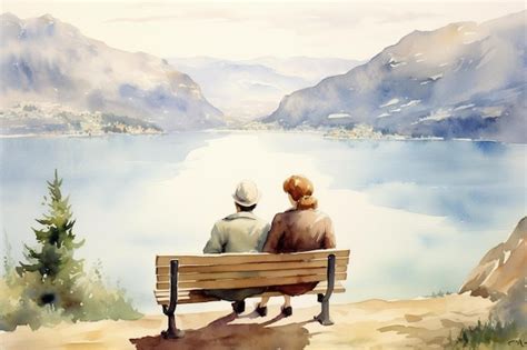 Premium AI Image | A painting of two people sitting on a bench looking at a lake.