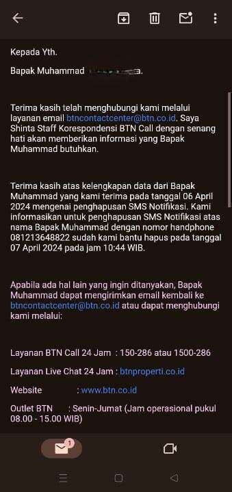 Masalah SMS Notifikasi Bank BTN