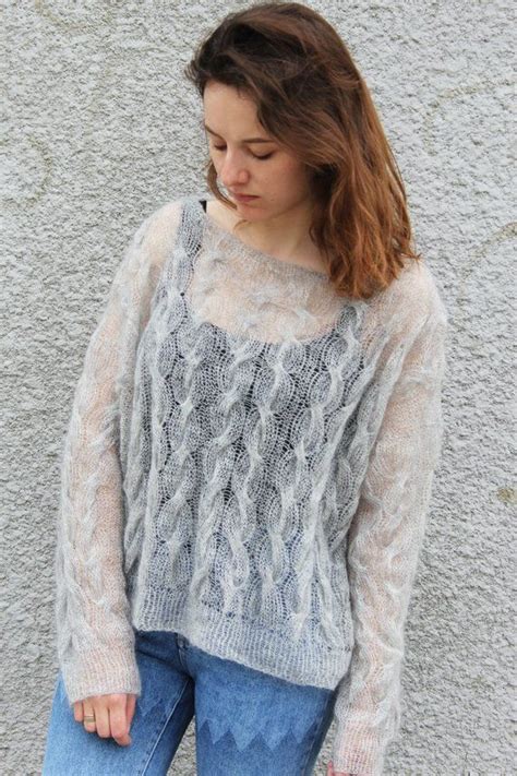 Oversized Cable Knit Fuzzy Mohair Sweater Pullover Loose Knit Cropped