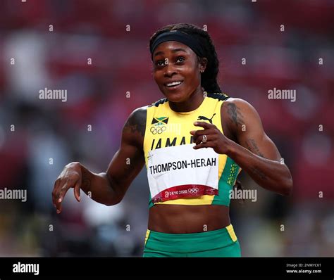 THOMPSON HERAH Elaine Of Jamaica Reacts After Winning Athletics Women S