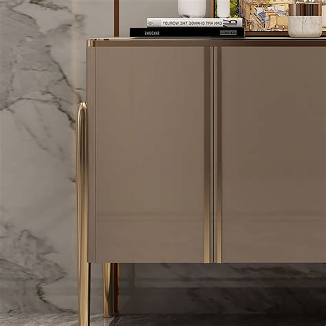 Modern Champagne Sideboard Buffet Doors Shelves Tempered Glass Top