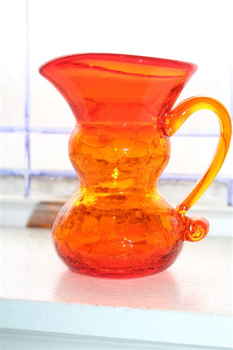 Vintage Orange Crackle Glass Pitcher