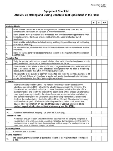 Equipment Checklist Astm C 31 Making And Curing Concrete Test Specimens In The Field Pdf