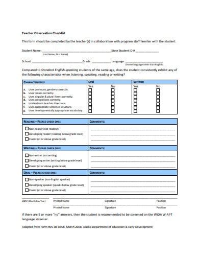 12 Teacher Observation Checklist Templates In Pdf Ms Word