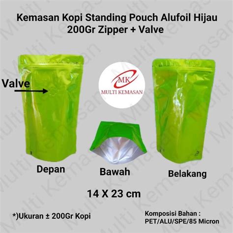 Jual Kemasan Kopi Standing Pouch Alufoil Hijau Gr Zipper Valve Isi