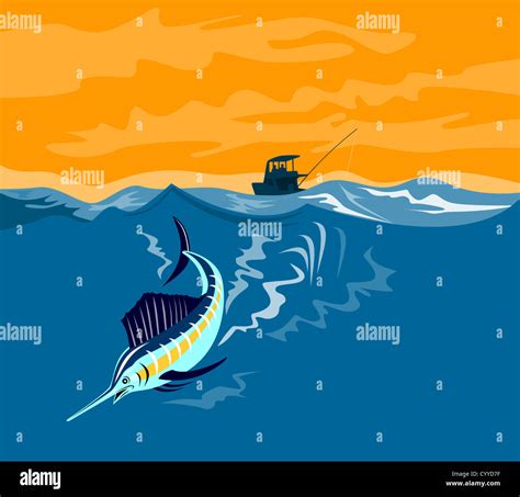 Ilustración de un pez vela peces saltando con botes de pesca en el