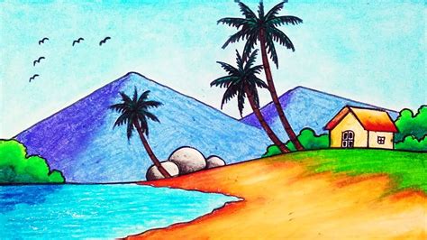 How To Draw Easy Mountain And Tropical Island Scenery Oil Pastel