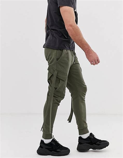 Asos Design Skinny Trackies With Cargo Pockets And Strapping In Khaki