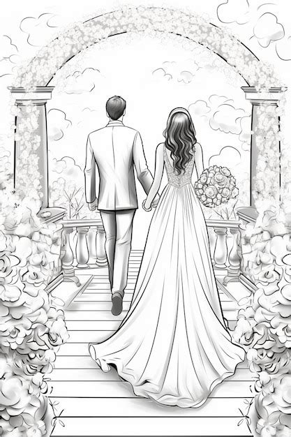 Premium Ai Image A Drawing Of A Bride And Groom Walking Down A Path